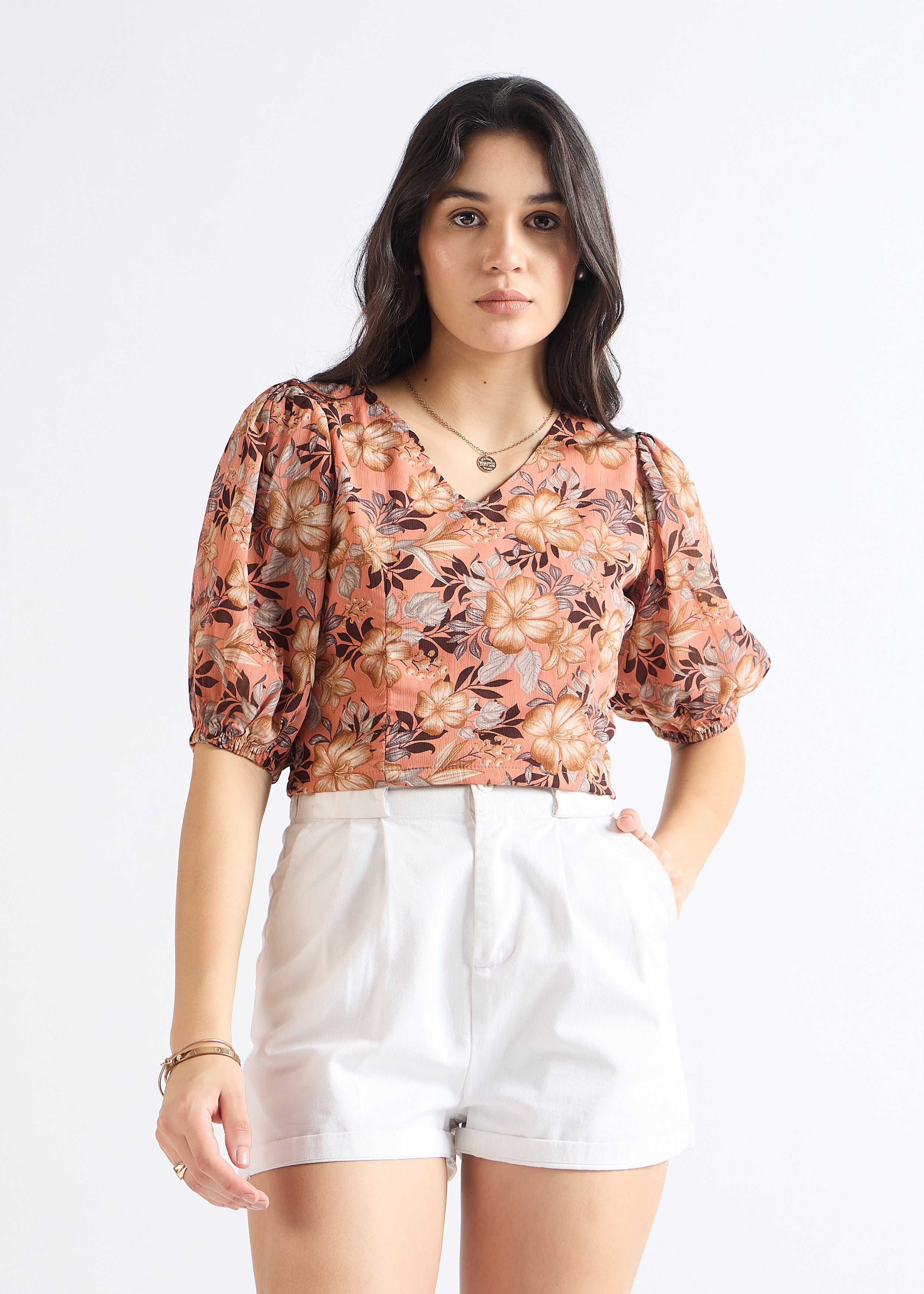 All Yours Rust Floral Puff Sleeve Top Front
