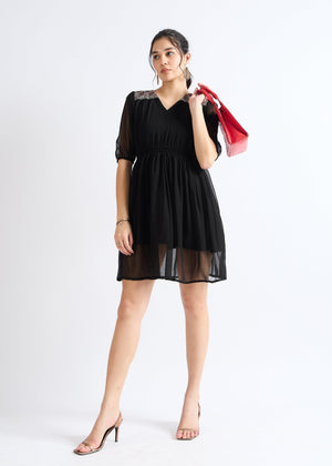 All Yours Smoky Black Embellished Georgette Mini Dress Front_2