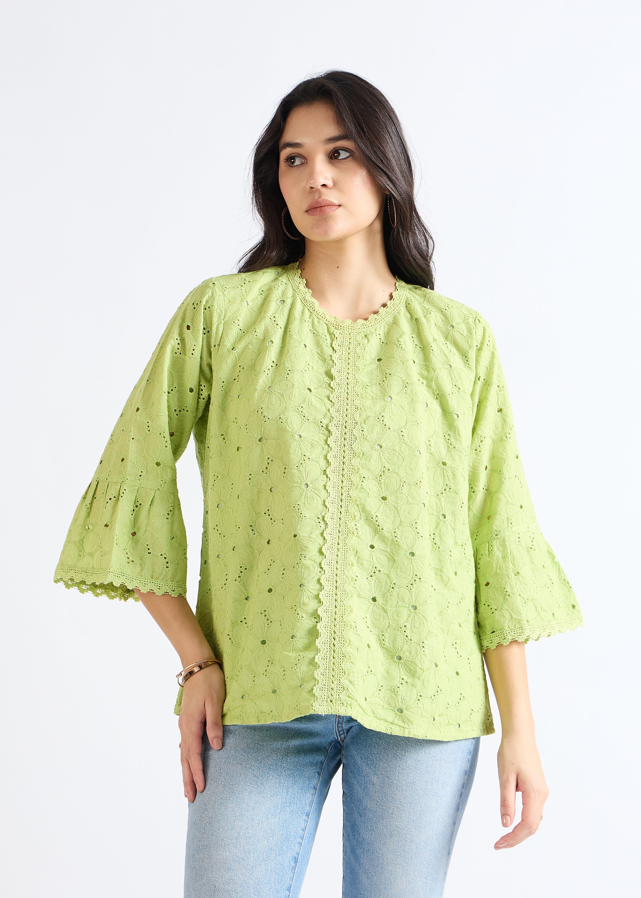 All Yours Sprout Green Lace-Inset A-Line Top Front_1
