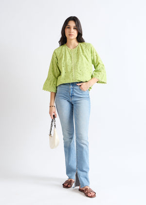 All Yours Sprout Green Lace-Inset A-Line Top Front_2