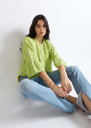 All Yours Sprout Green Lace-Inset A-Line Top Sitting