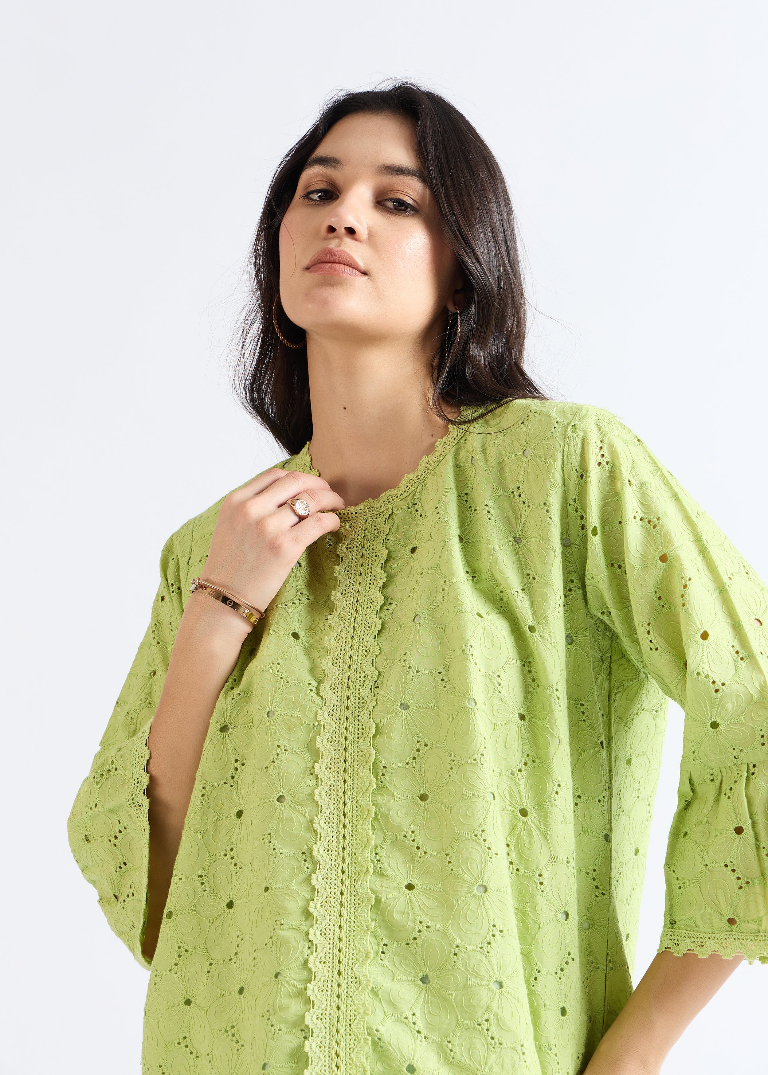All Yours Sprout Green Lace-Inset A-Line Top Zoom