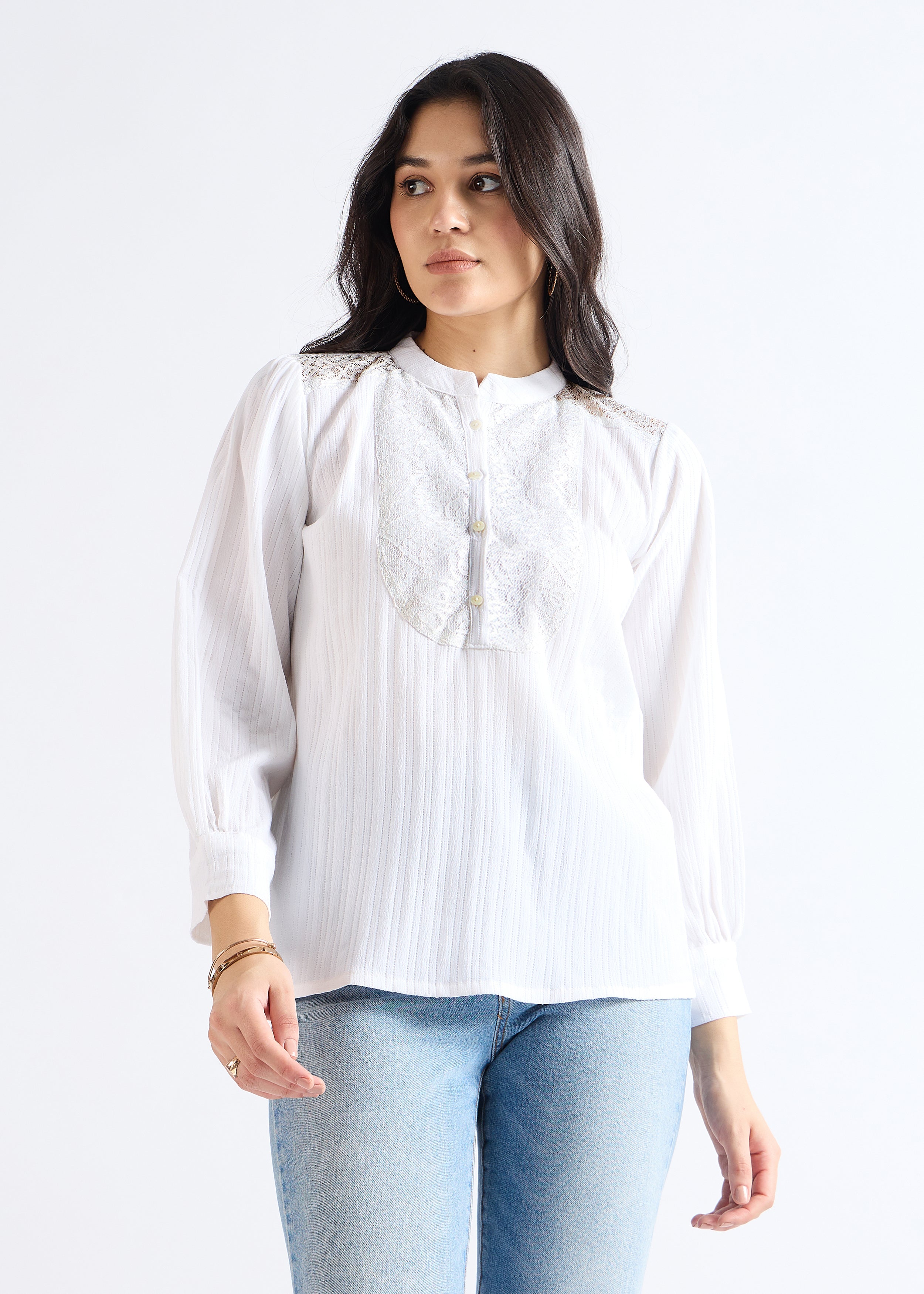 All Yours Stellar White Mandarin Lace-Up Blouse Front_1