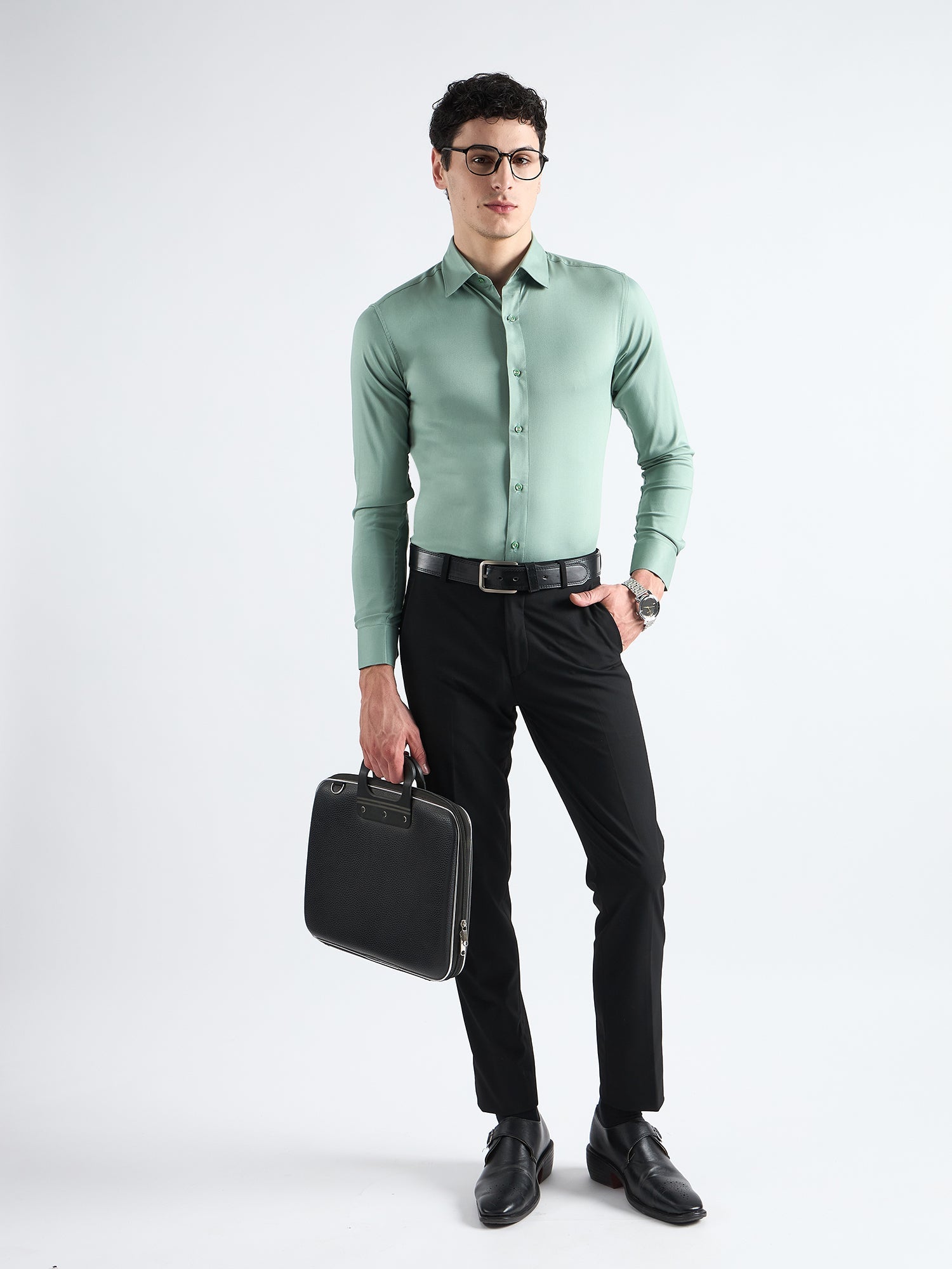 All Yours Viridian Green Twill Stretch Cotton Shirt Front_2