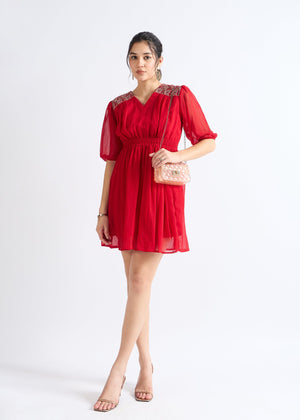 All Yours Vivid Burgundy Embellished Georgette Dress Front_2