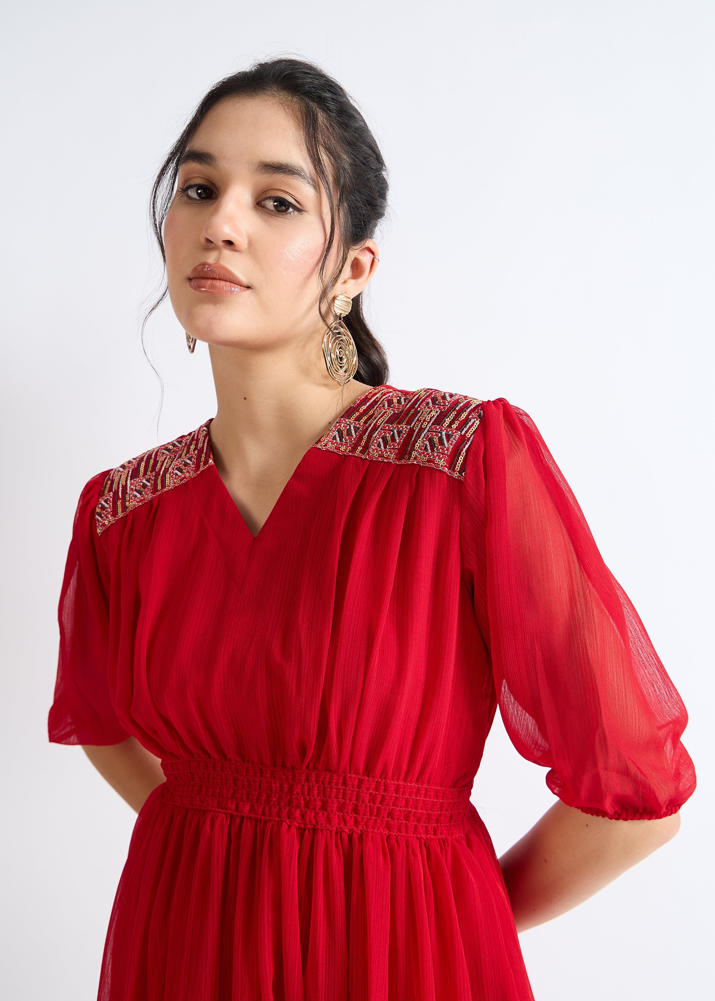 All Yours Vivid Burgundy Embellished Georgette Dress Zoom