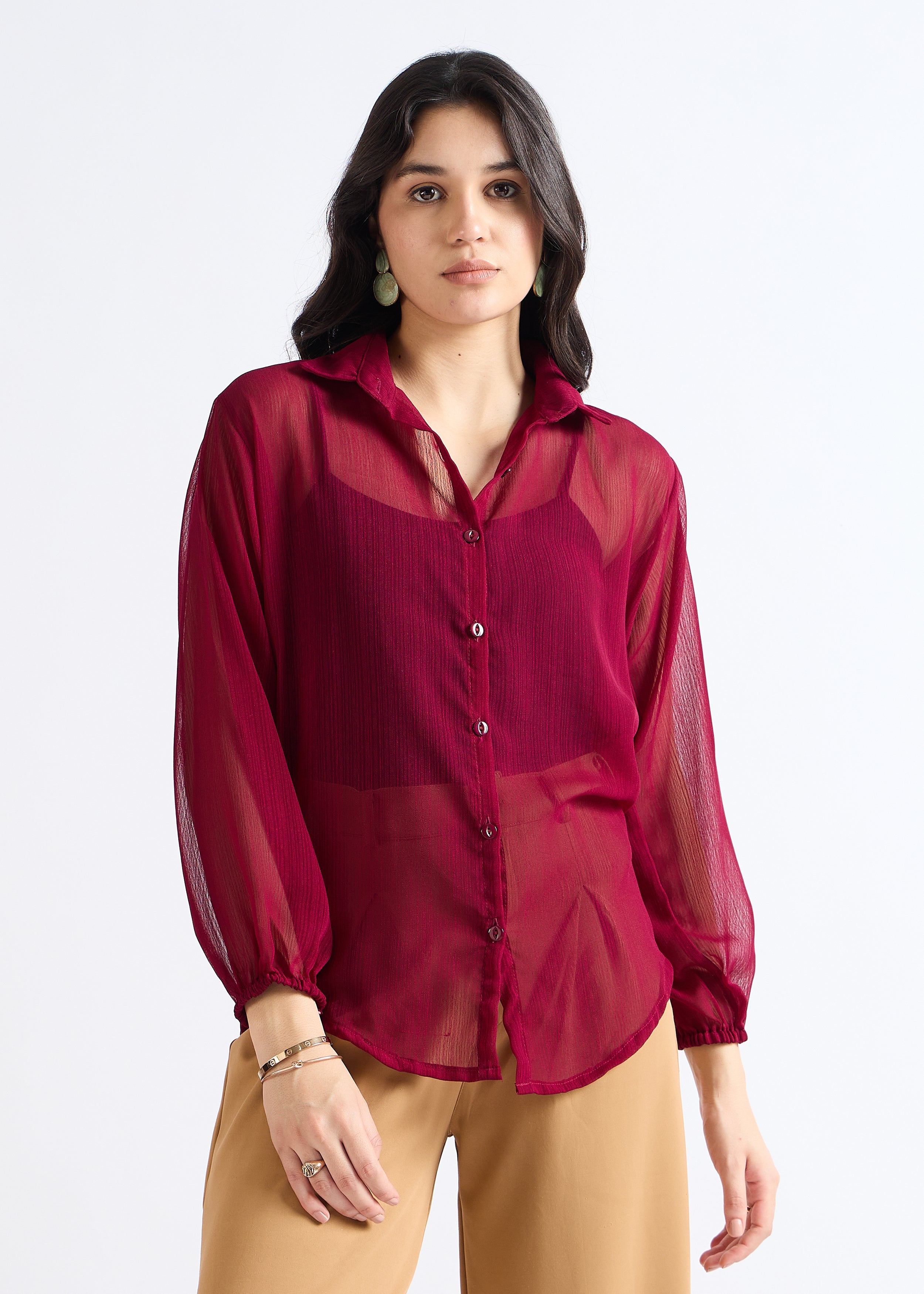 All Yours Vivid Burgundy Wine Sheer Georgette Blouse Front_1