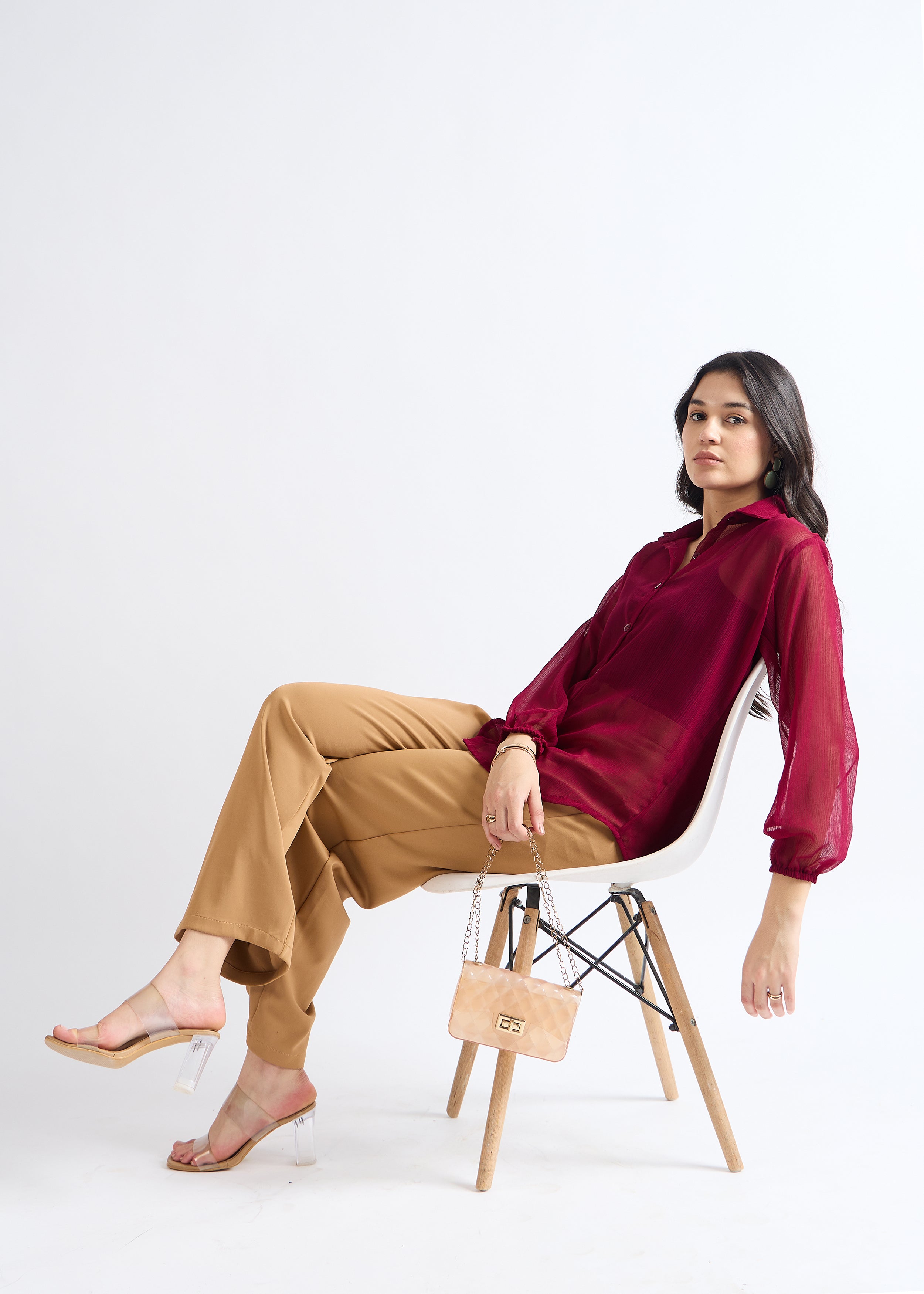 All Yours Vivid Burgundy Wine Sheer Georgette Blouse Sitting