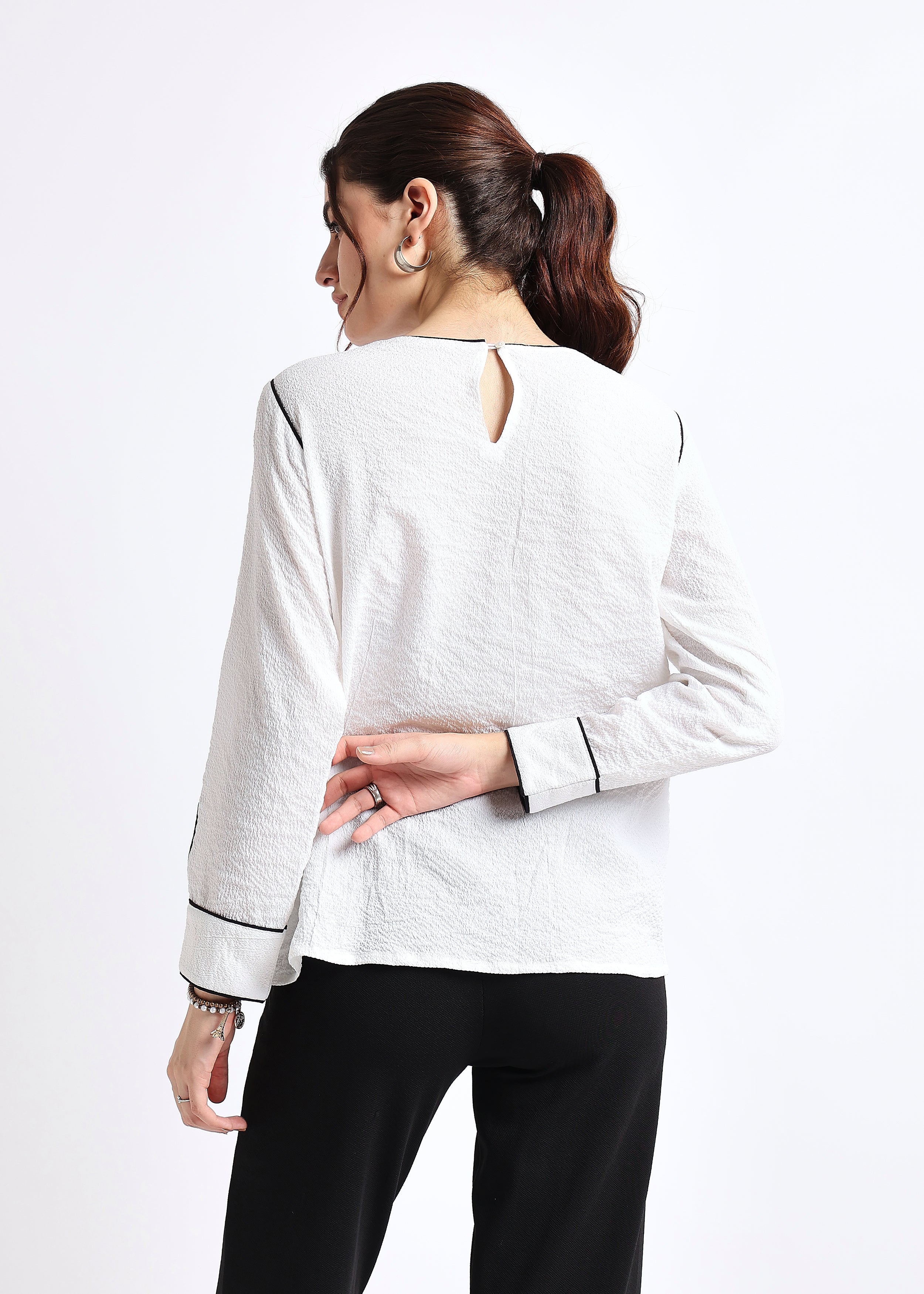 All Yours White Self Design Round neck Contrast Piping Top Back