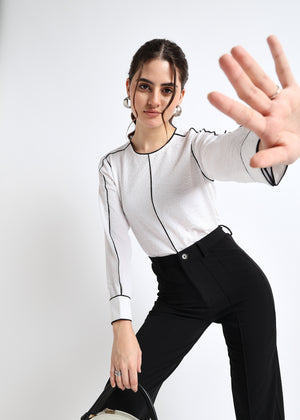All Yours White Self Design Round neck Contrast Piping Top Front