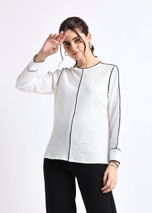 All Yours White Self Design Round neck Contrast Piping Top Front_1