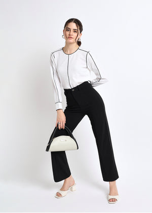 All Yours White Self Design Round neck Contrast Piping Top Front_2