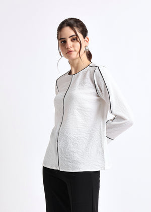 All Yours White Self Design Round neck Contrast Piping Top Side