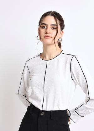 All Yours White Self Design Round neck Contrast Piping Top Zoom