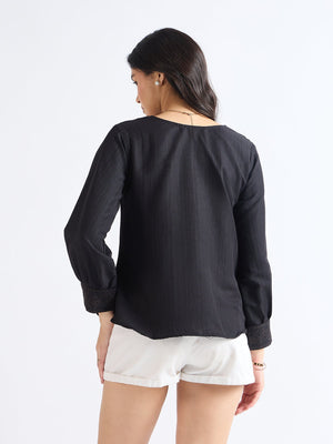 All yours Black Floral Embroidered Blouse Back