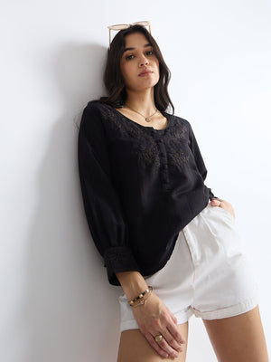 All yours Black Floral Embroidered Blouse Front_3