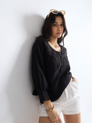 All yours Black Floral Embroidered Blouse Front_4