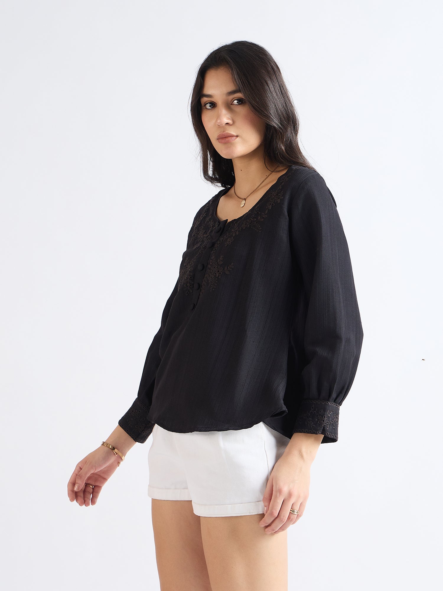 All yours Black Floral Embroidered Blouse Side