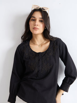 All yours Black Floral Embroidered Blouse Zoom