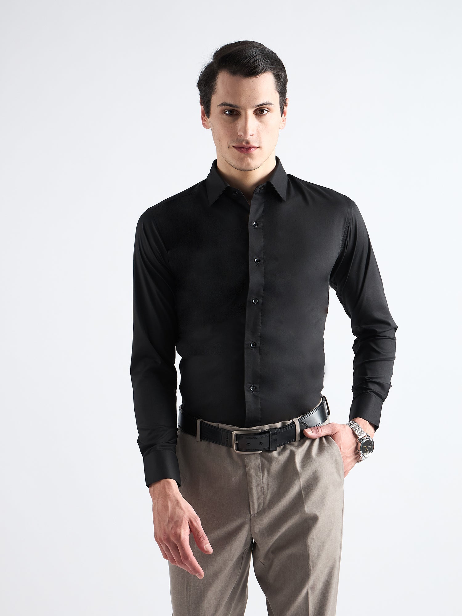 All yours Carbon Black Plain Stretch Cotton Shirt Front