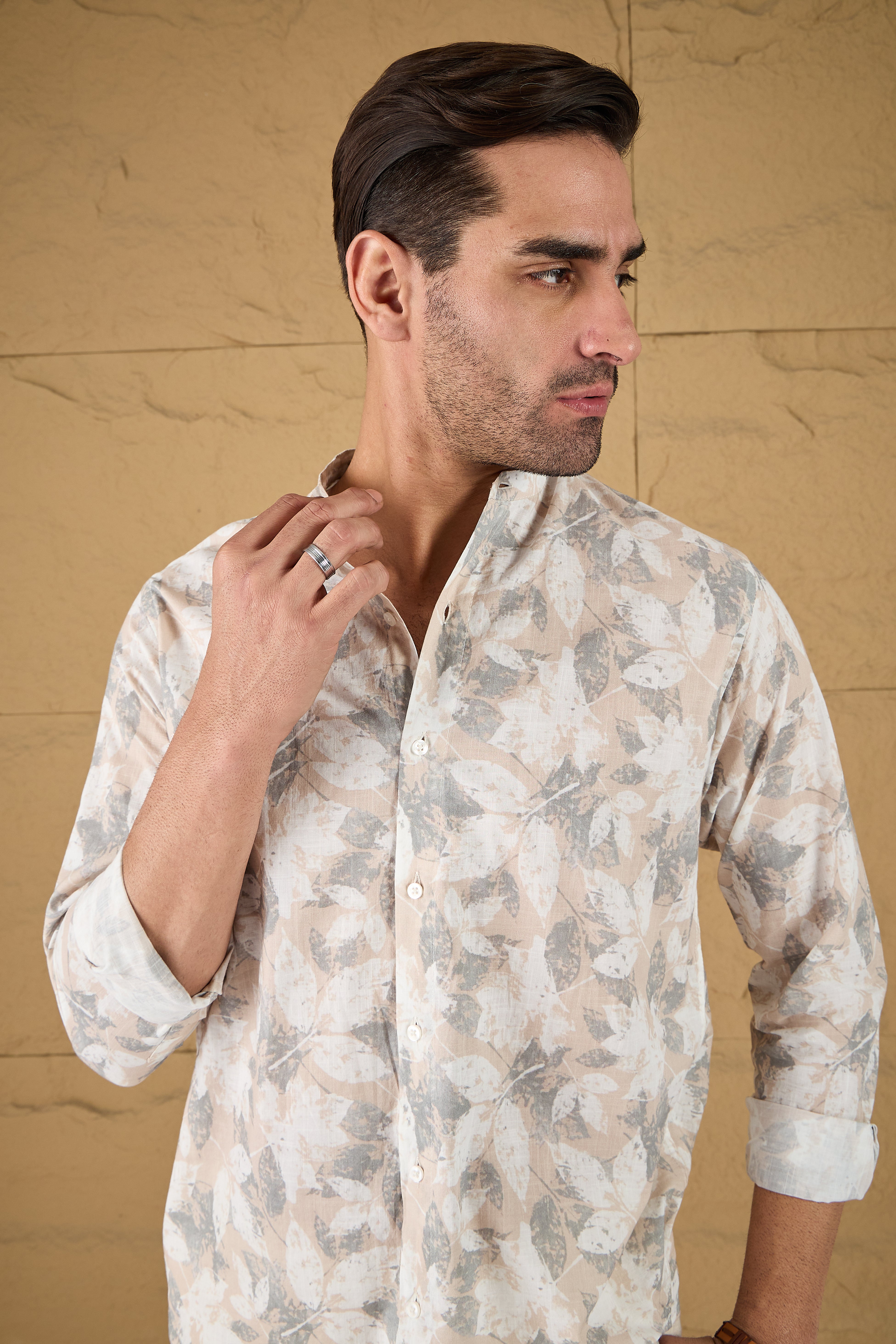 Beige Tropical Print Cotton Shirt