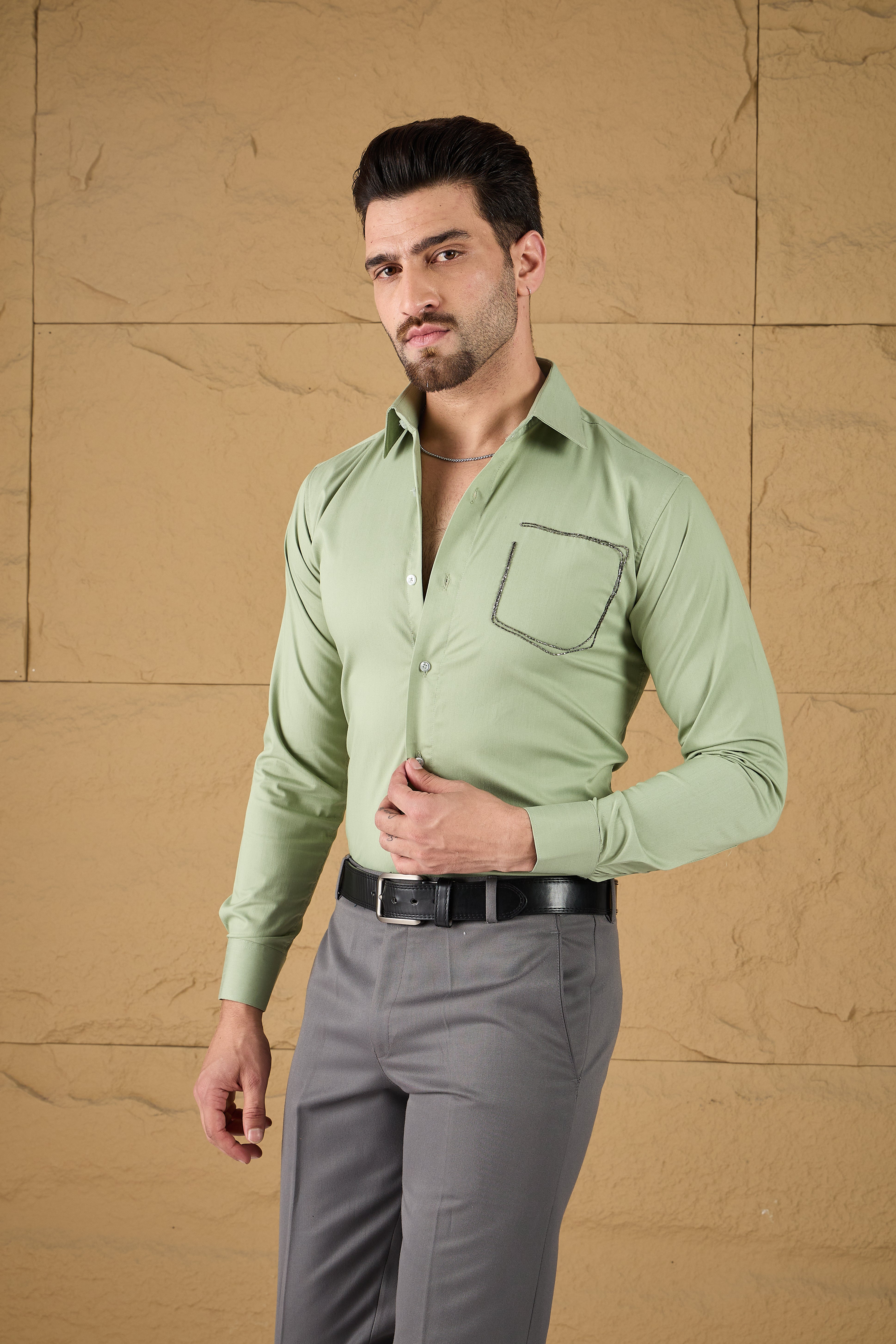Celadon Green Embroidered Stretch Cotton Shirt