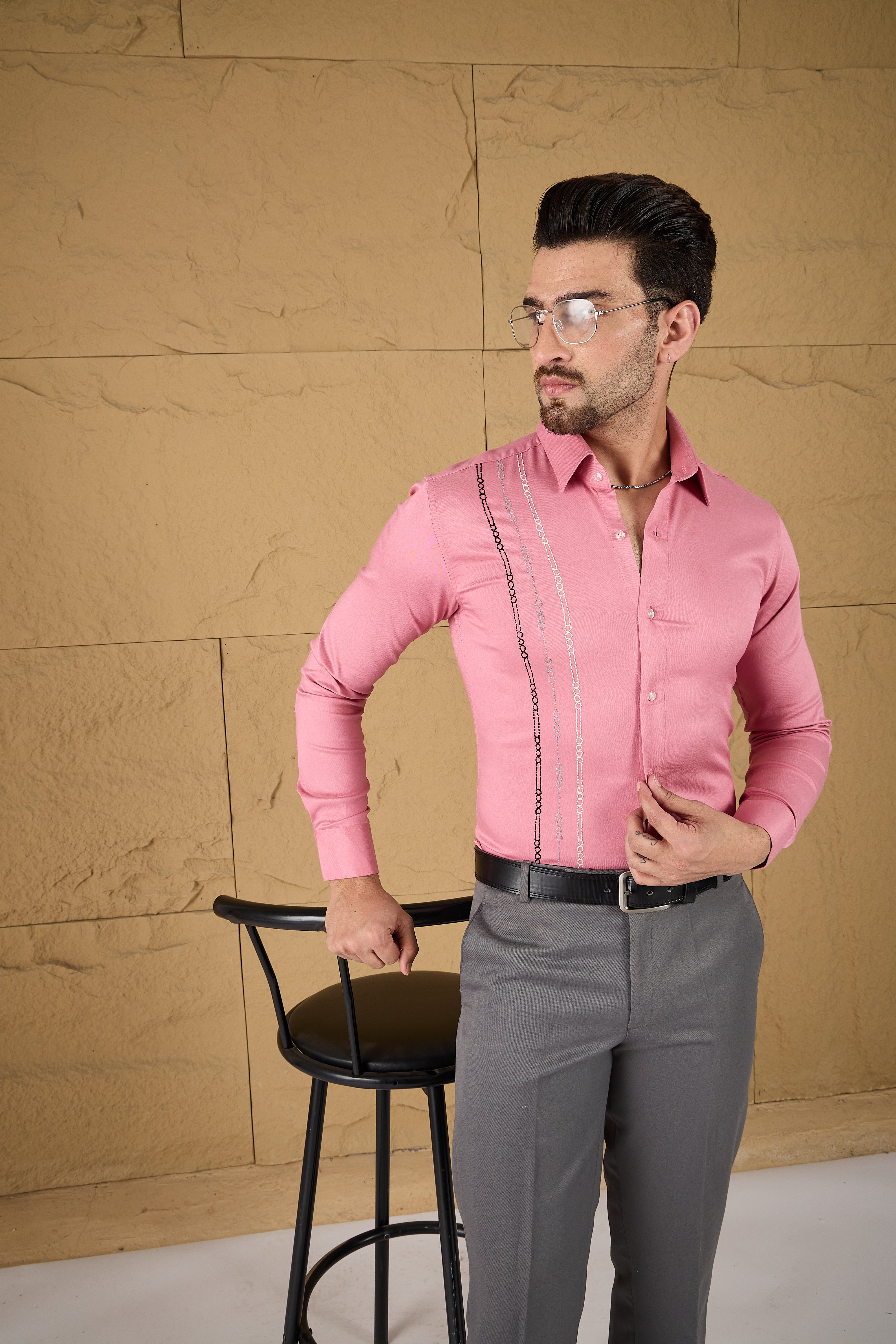 Pink Twill Stretch Embroidered Shirt