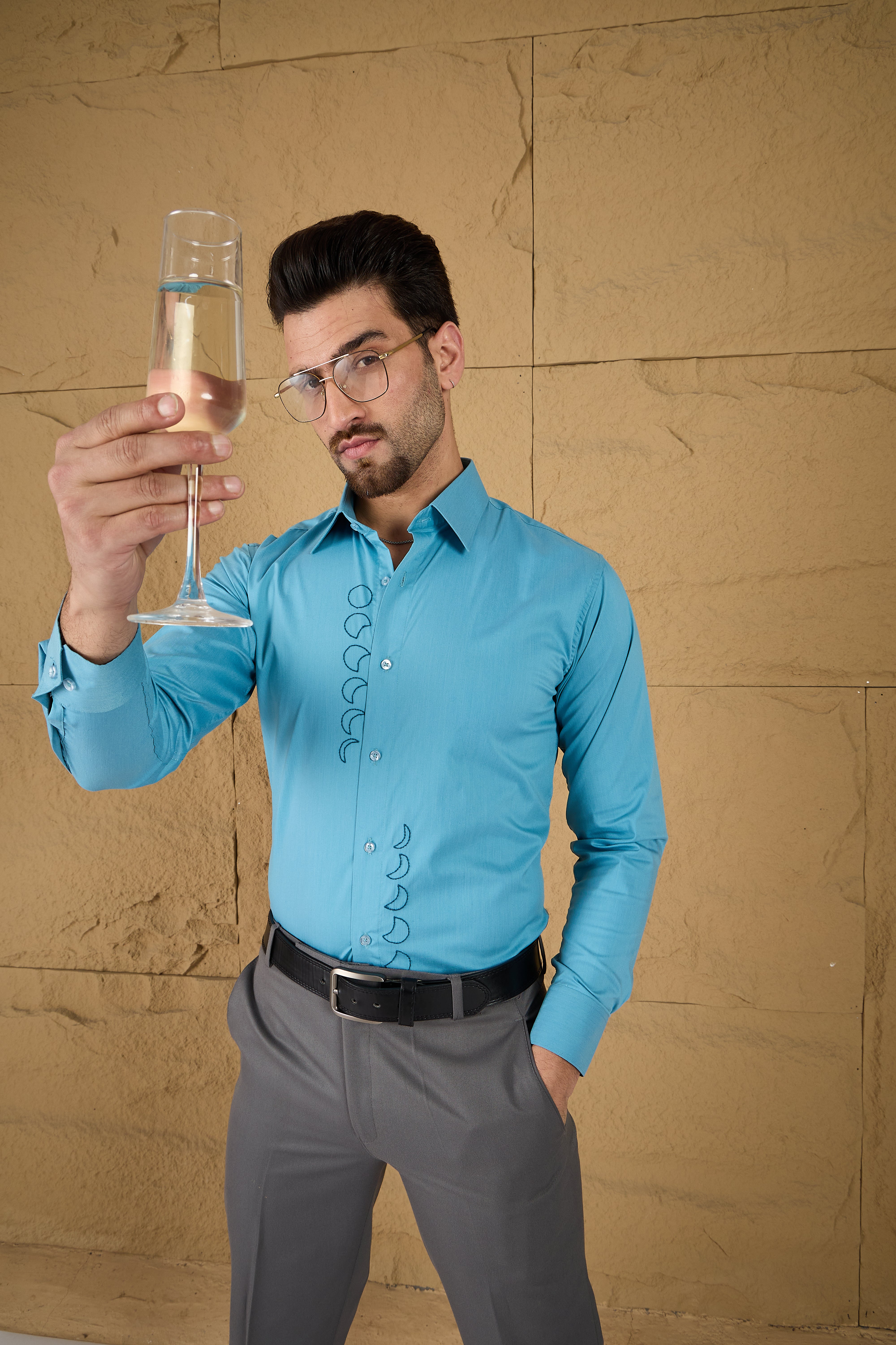 Fountain Blue Embroidered Stretch Cotton Shirt