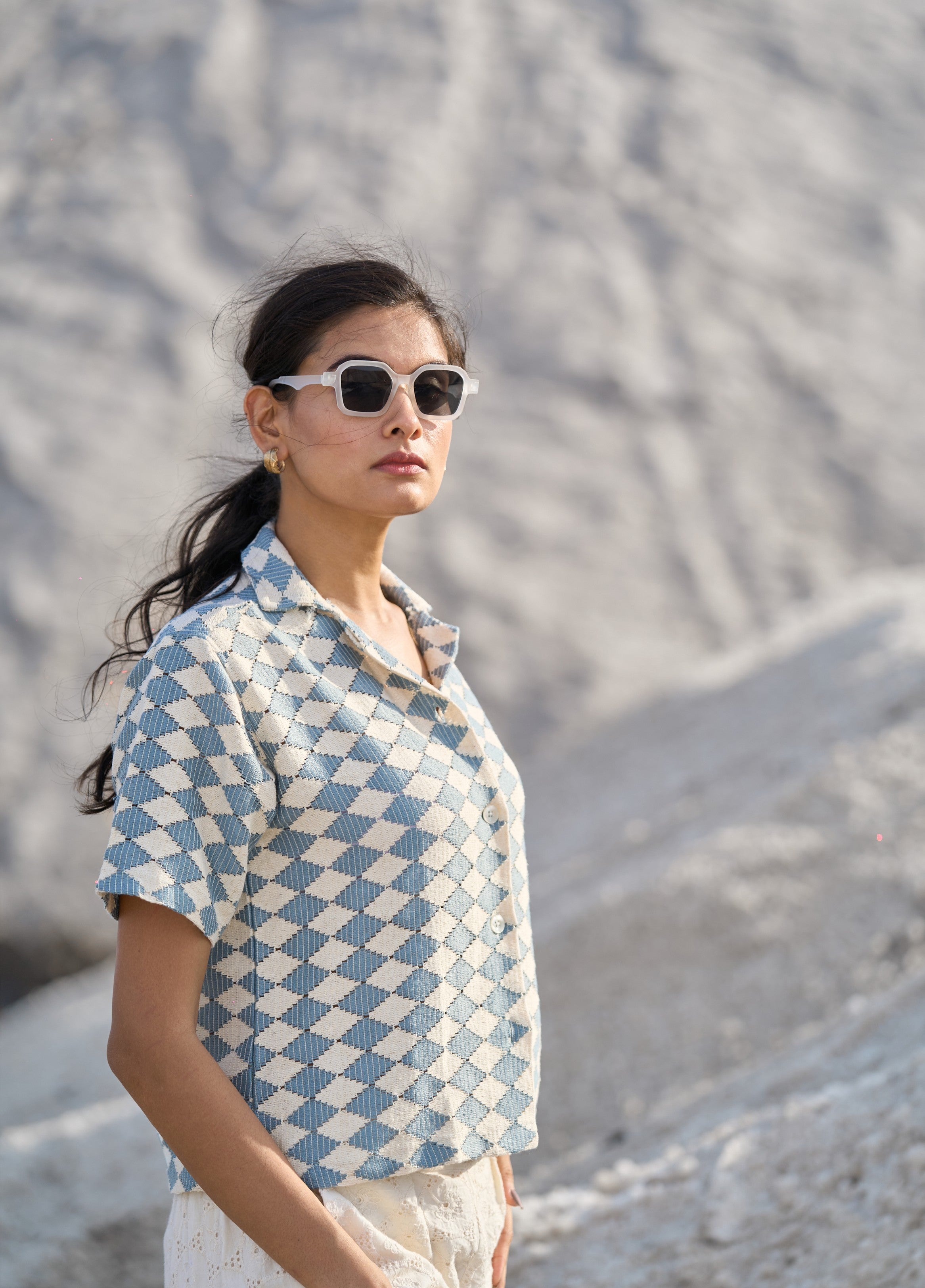 Cyan Blue Crochet Cuban Shirts