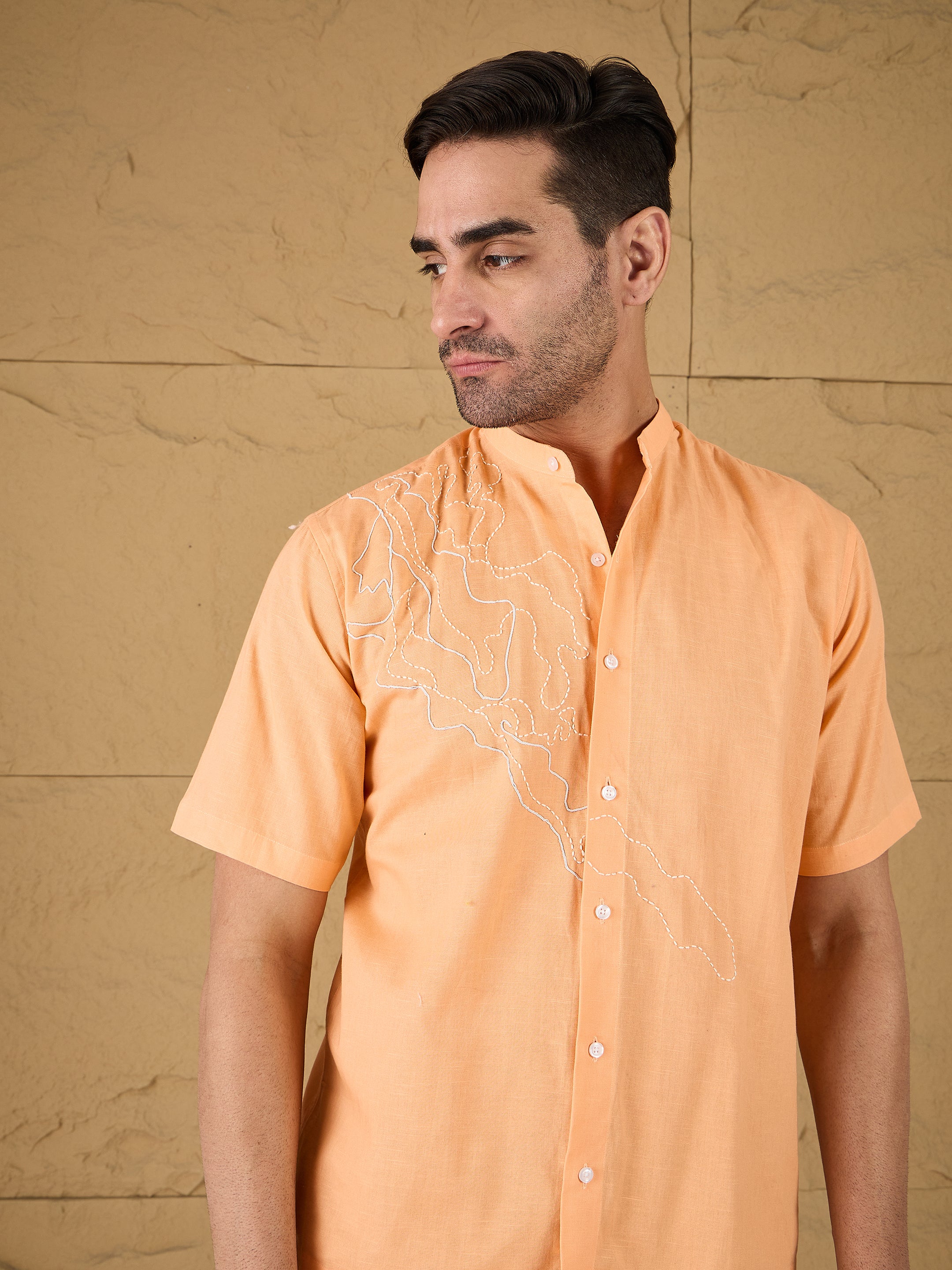 Indian Orange Embroidered Linen Shirt