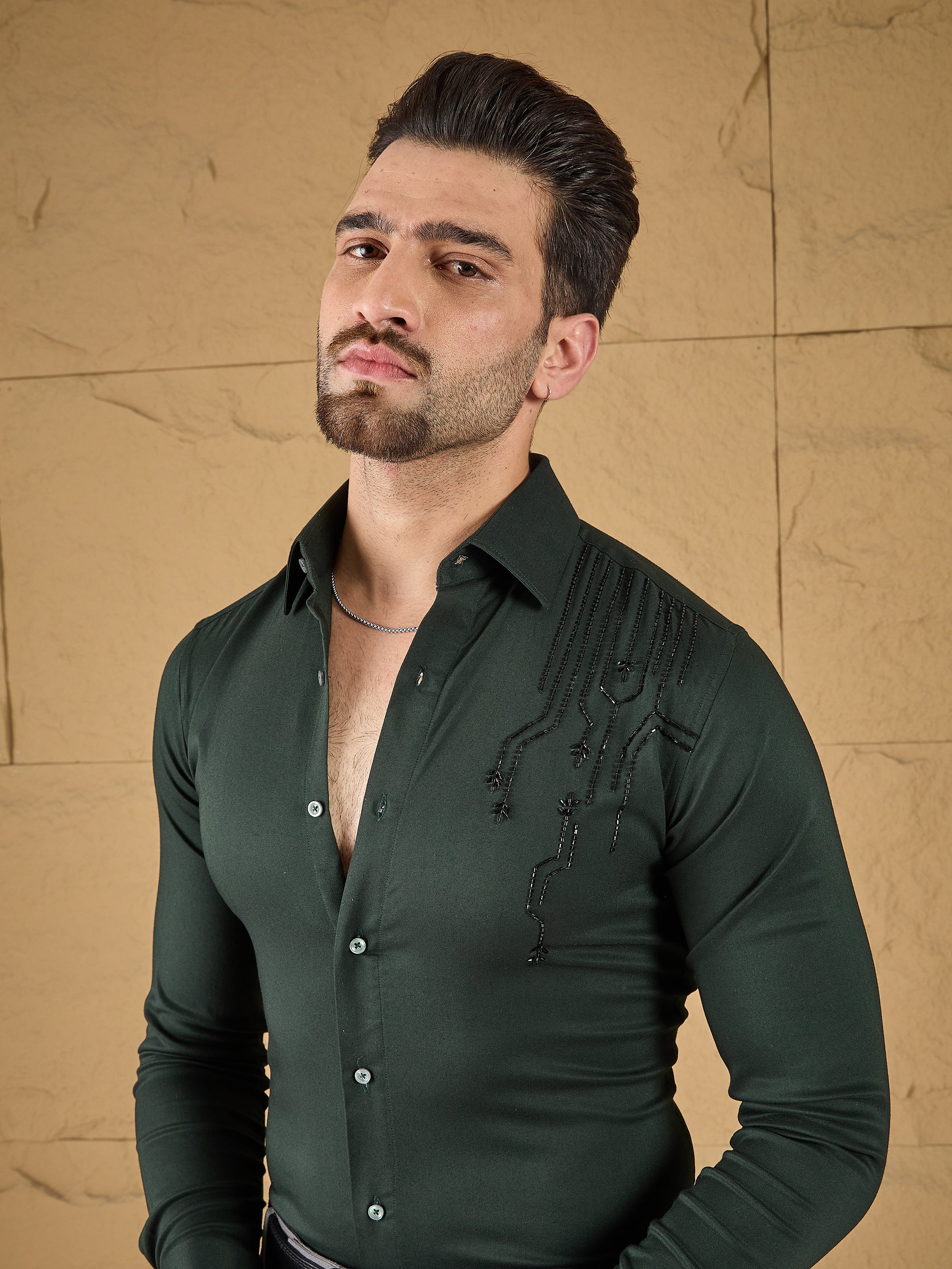 Racing Green Twill Stretch Embroidered Shirt
