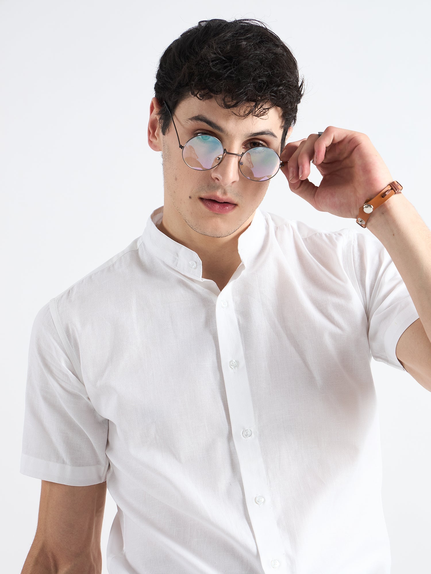 All Yours All Yours Pearl white  Mandarin Collar Linen Shirt Sitting Zoom