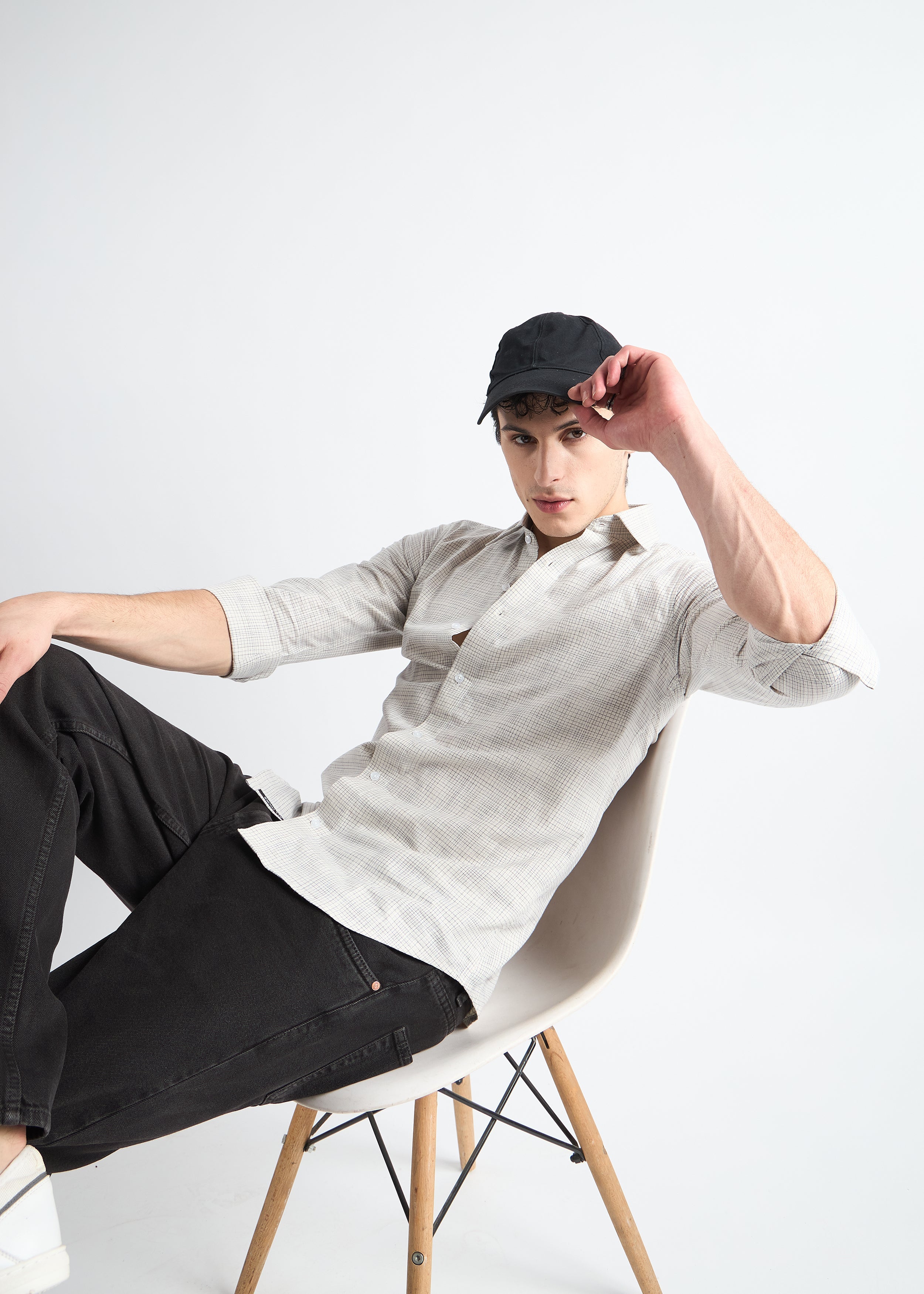 All Yours Beige Premium Cotton Check Shirt Sitting Side