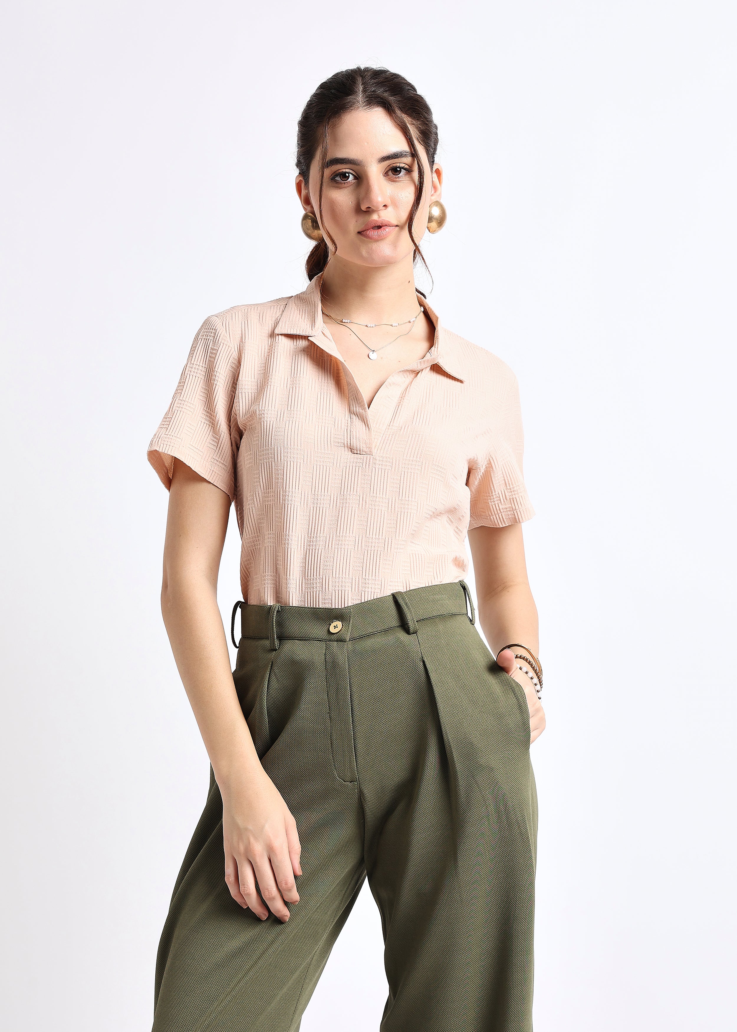 All Yours Beige Self Design Polo Collar T-Shirt Front_1