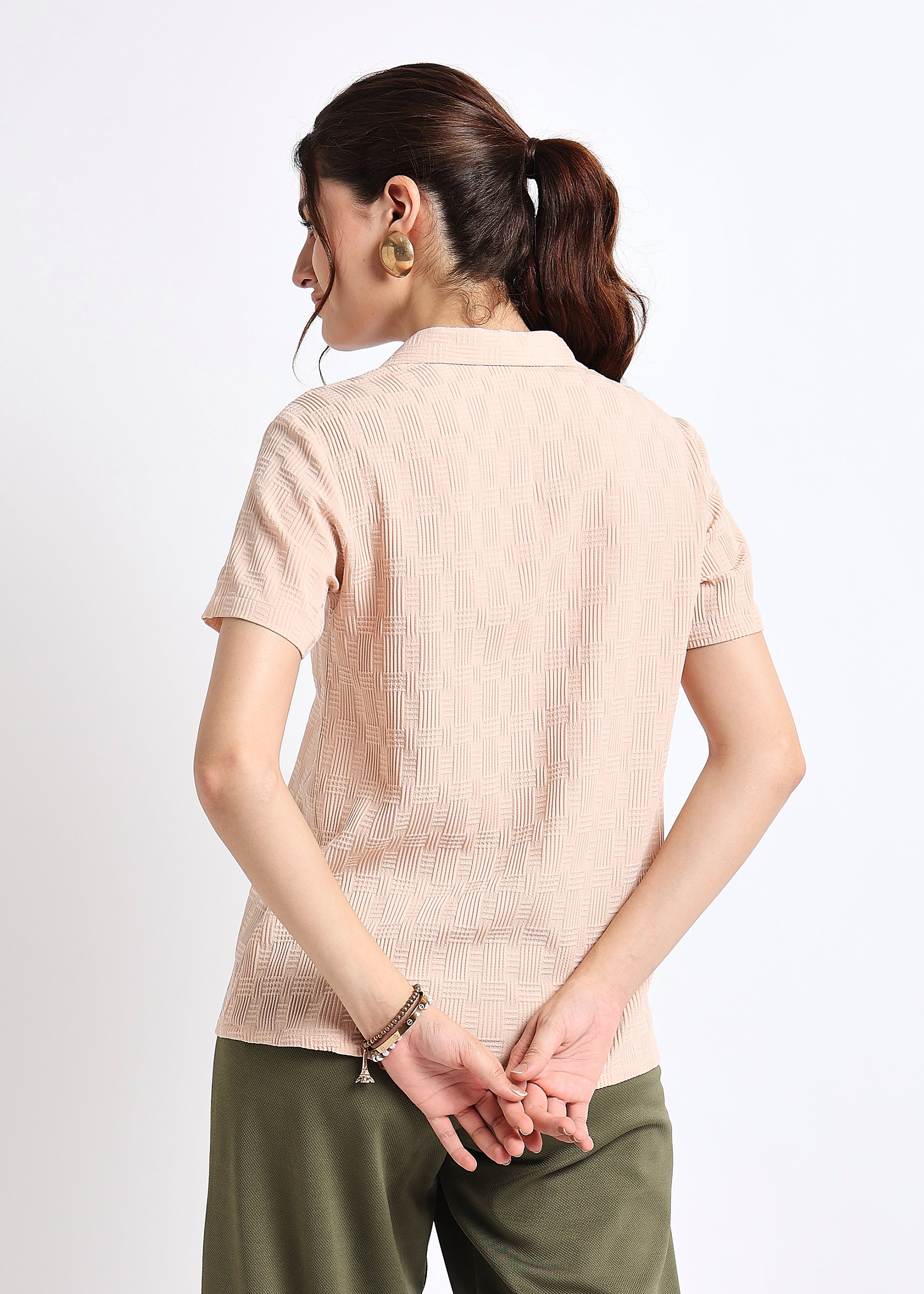 All Yours Beige Self Design Polo Collar T-shirt Back