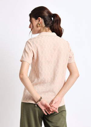 All Yours Beige Self Design Polo Collar T-shirt Back