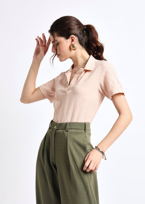 All Yours Beige Self Design Polo Collar T-shirt Side