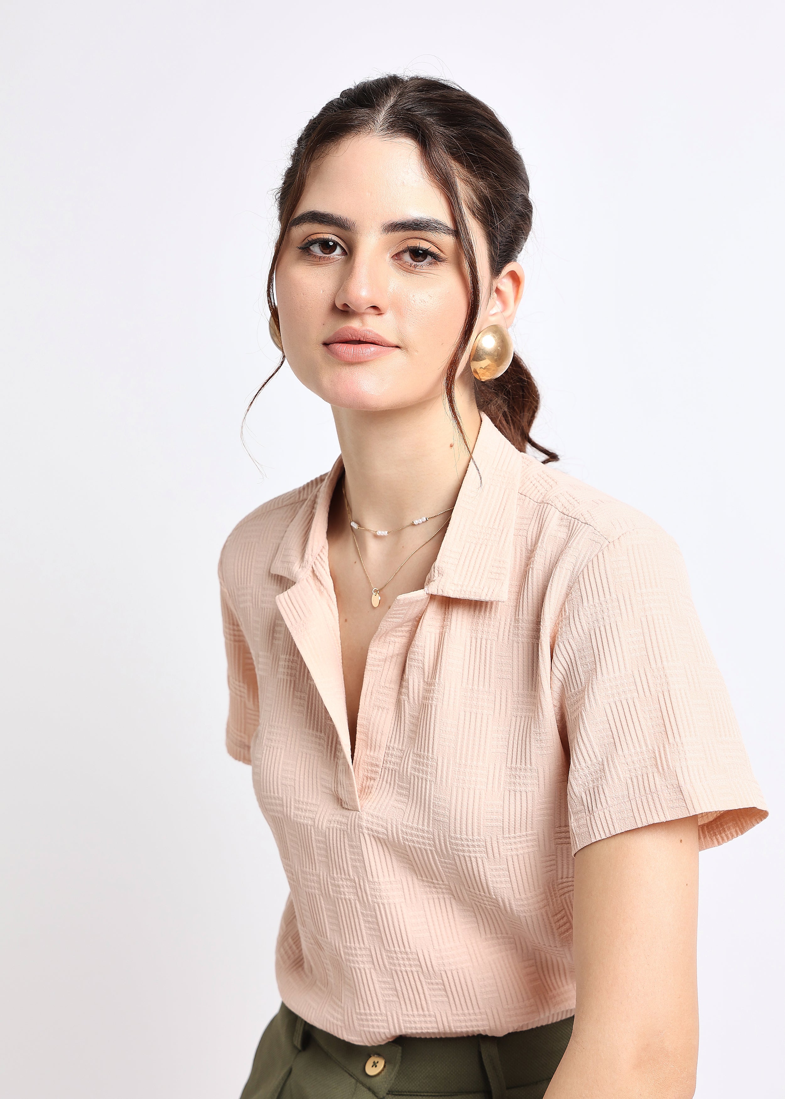 All Yours Beige Self Design Polo Collar T-shirt Zoom