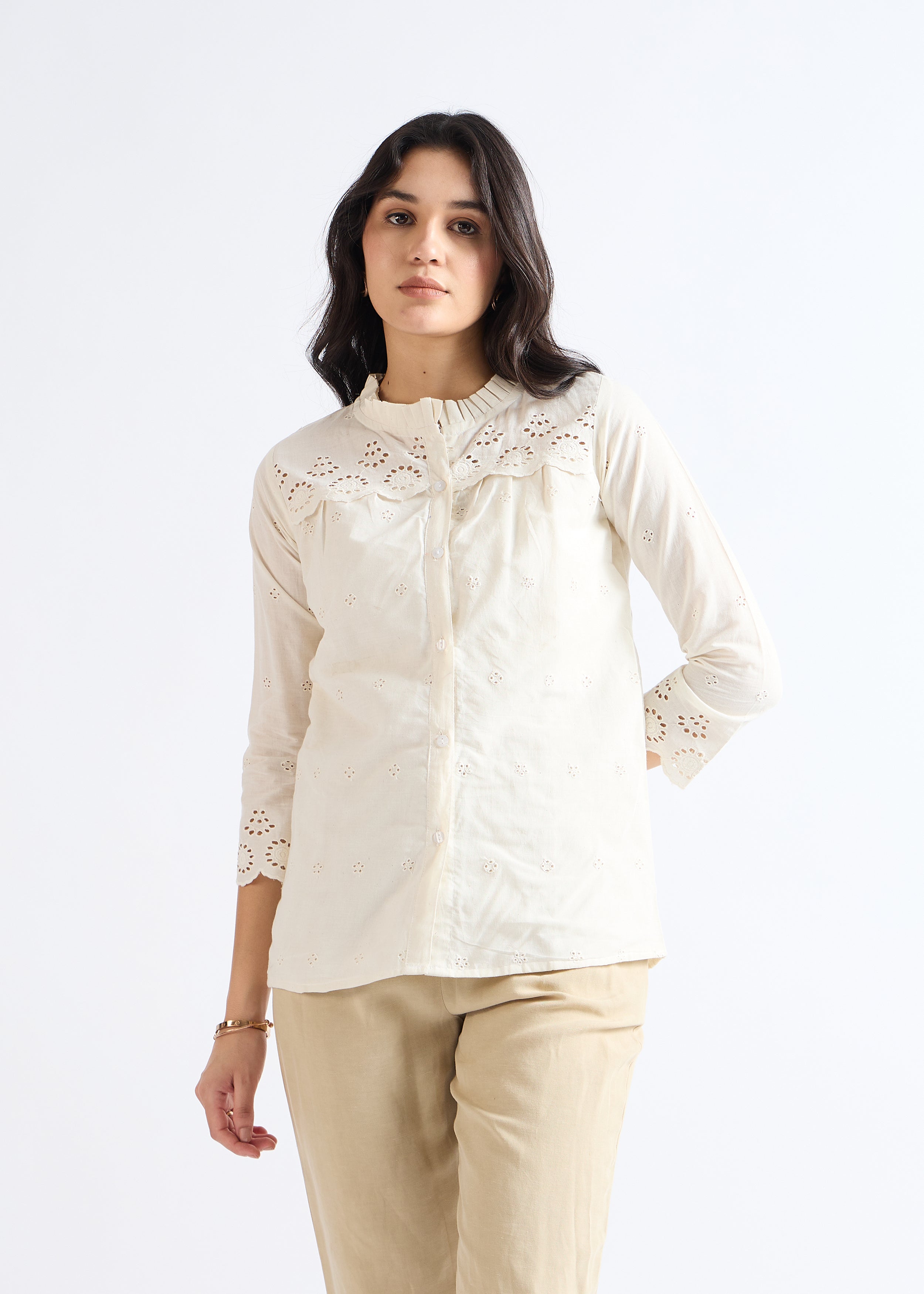 All Yours Biege Mandarin Collar Cotton Blouse Front_1