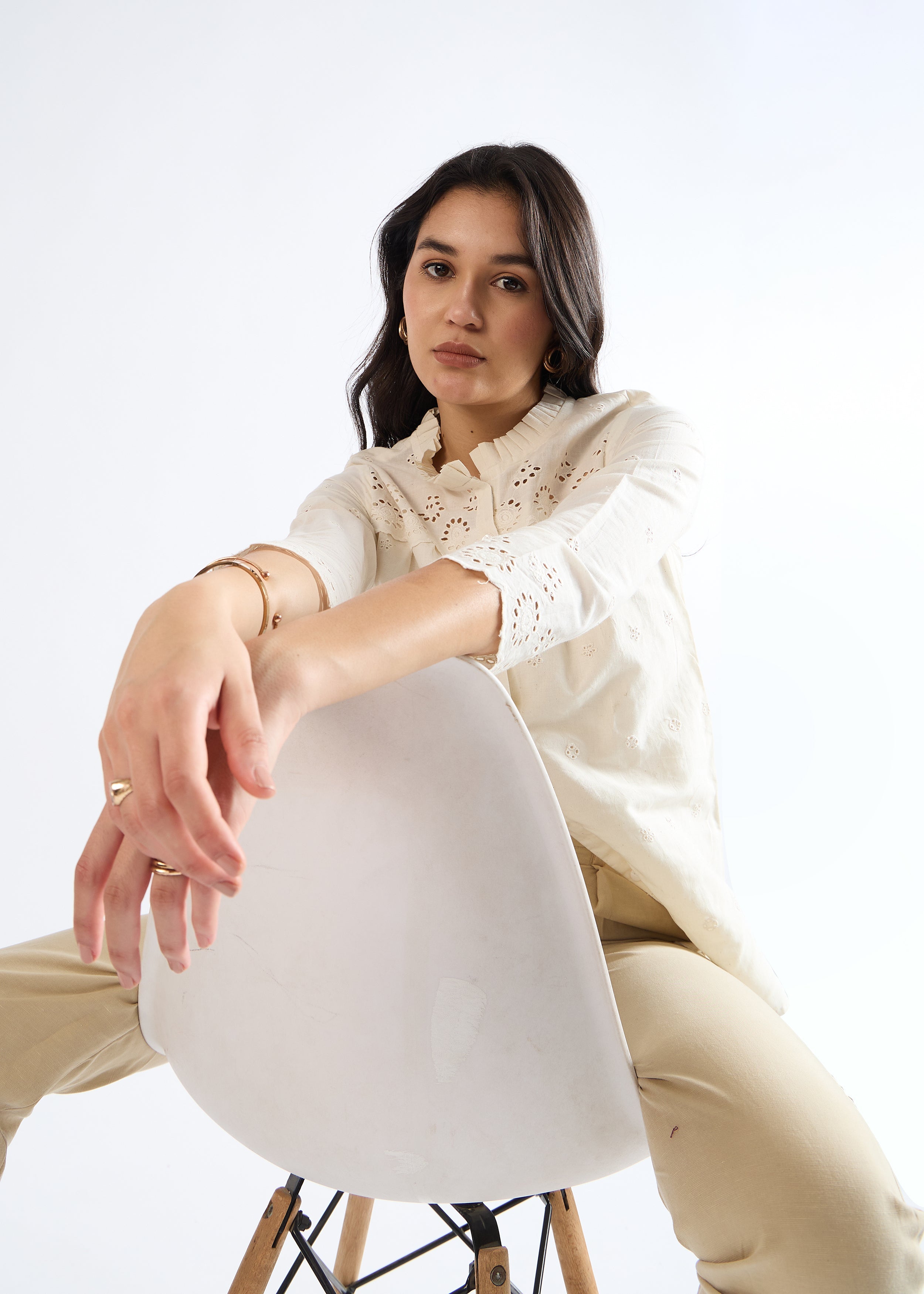 All Yours Biege Mandarin Collar Cotton Blouse Sitting_1