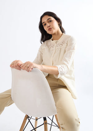 All Yours Biege Mandarin Collar Cotton Blouse Sitting_2