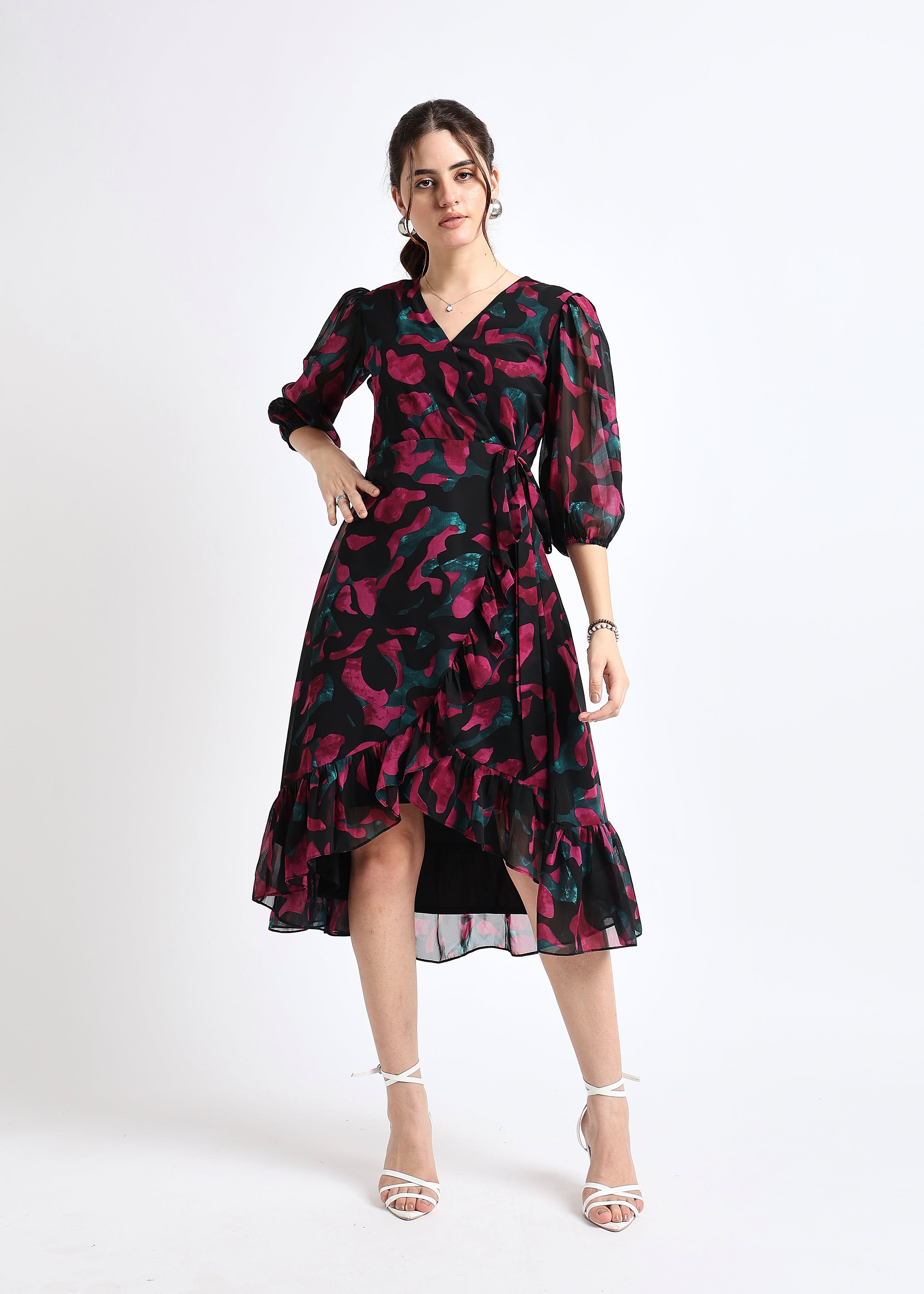 All Yours Black Abstract Print Georgette Wrap Dress Front_1