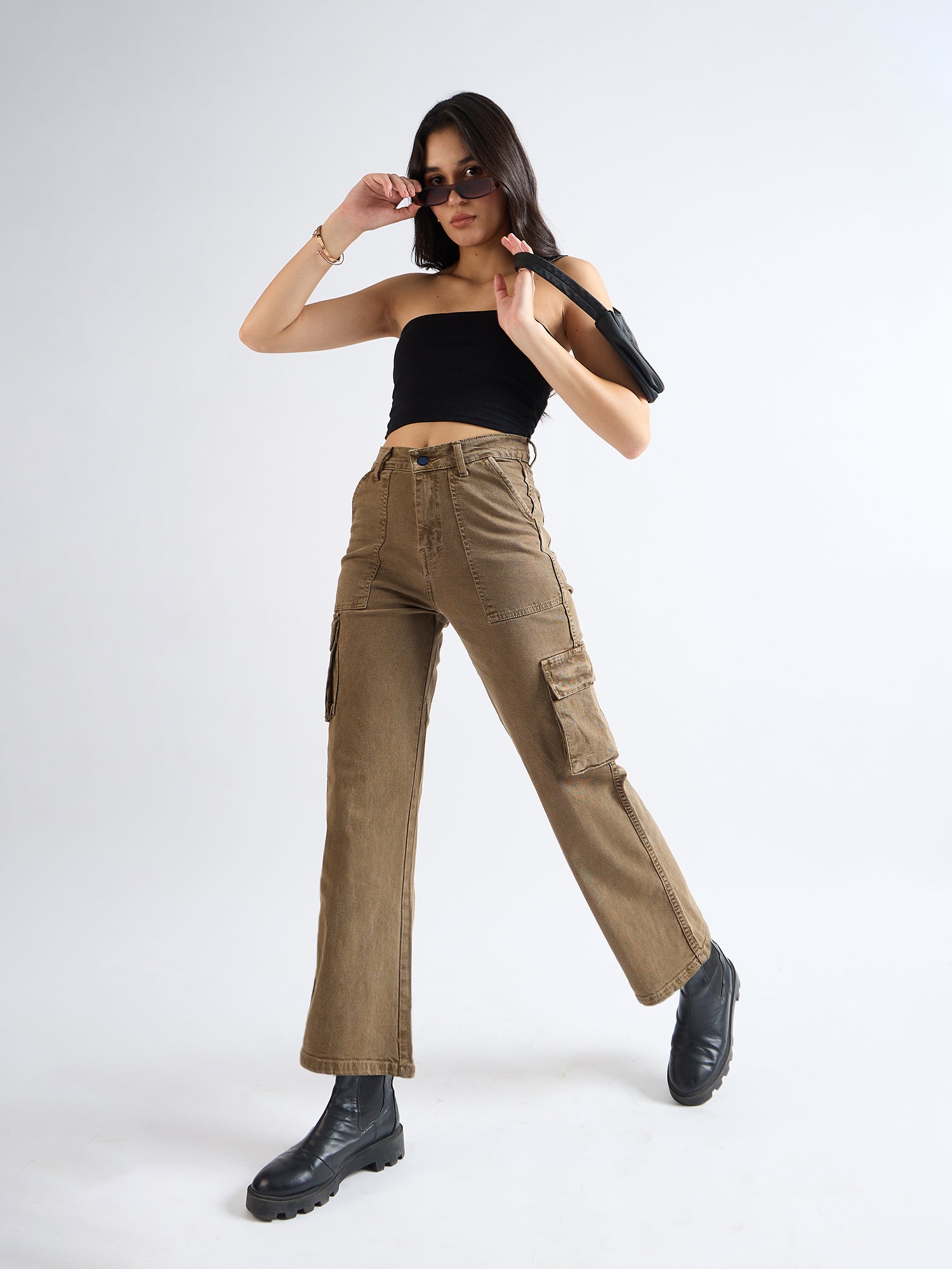 All Yours Brown Wide Leg Cargo Jeans Side Front_2