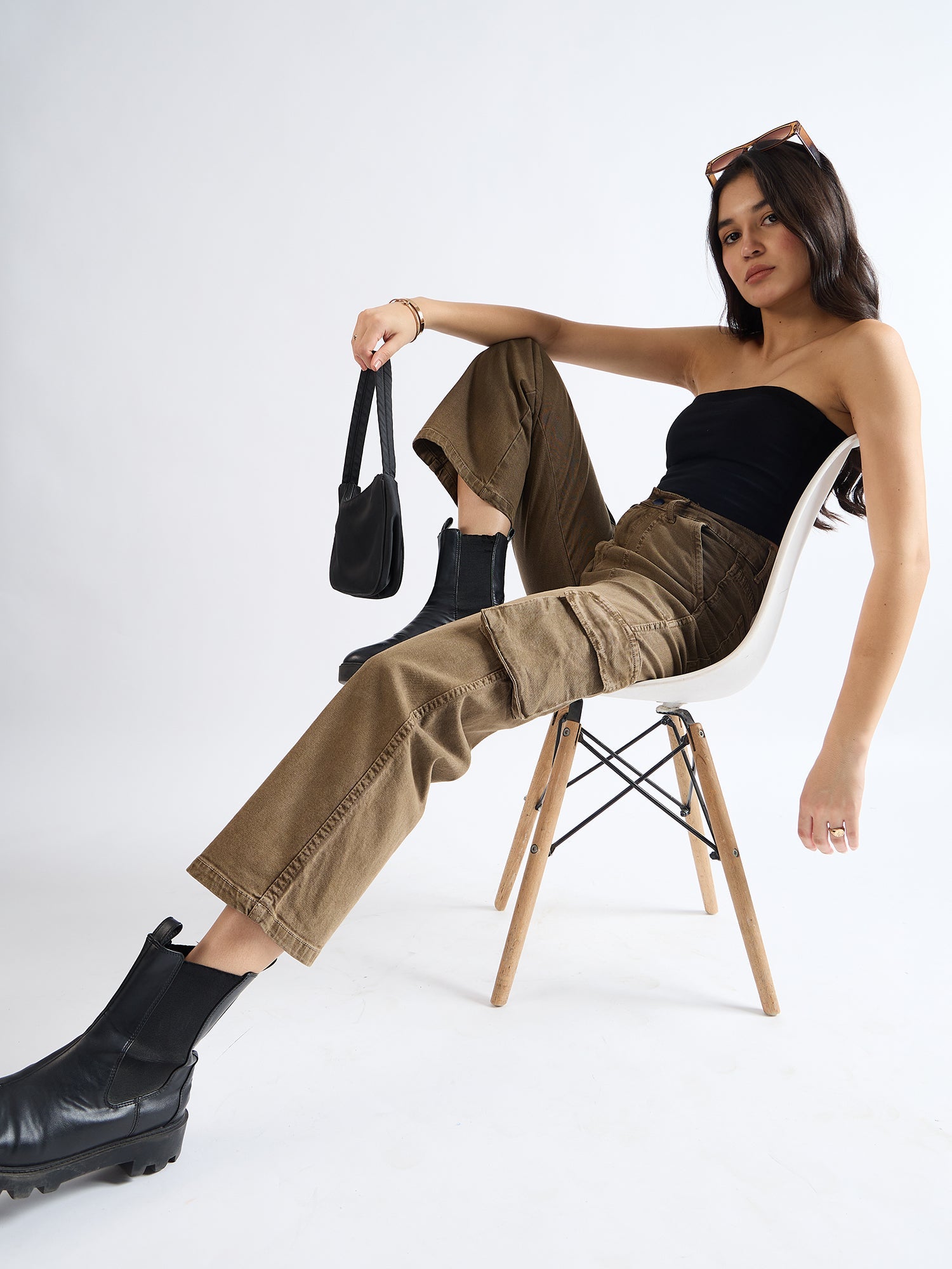 All Yours Brown Wide Leg Cargo Jeans Sitting