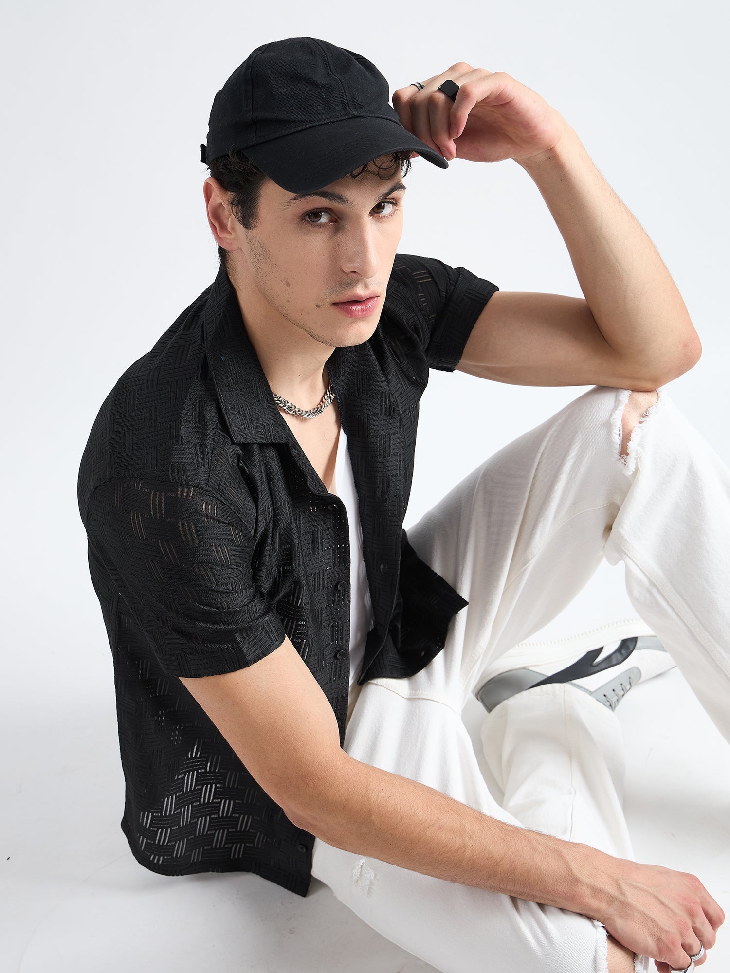 All Yours Charcoal Black Crochet Cuban Shirt Sitting