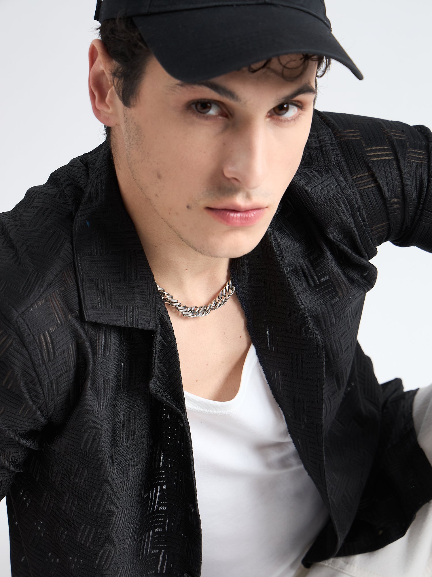 All Yours Charcoal Black Crochet Cuban Shirt Zoom