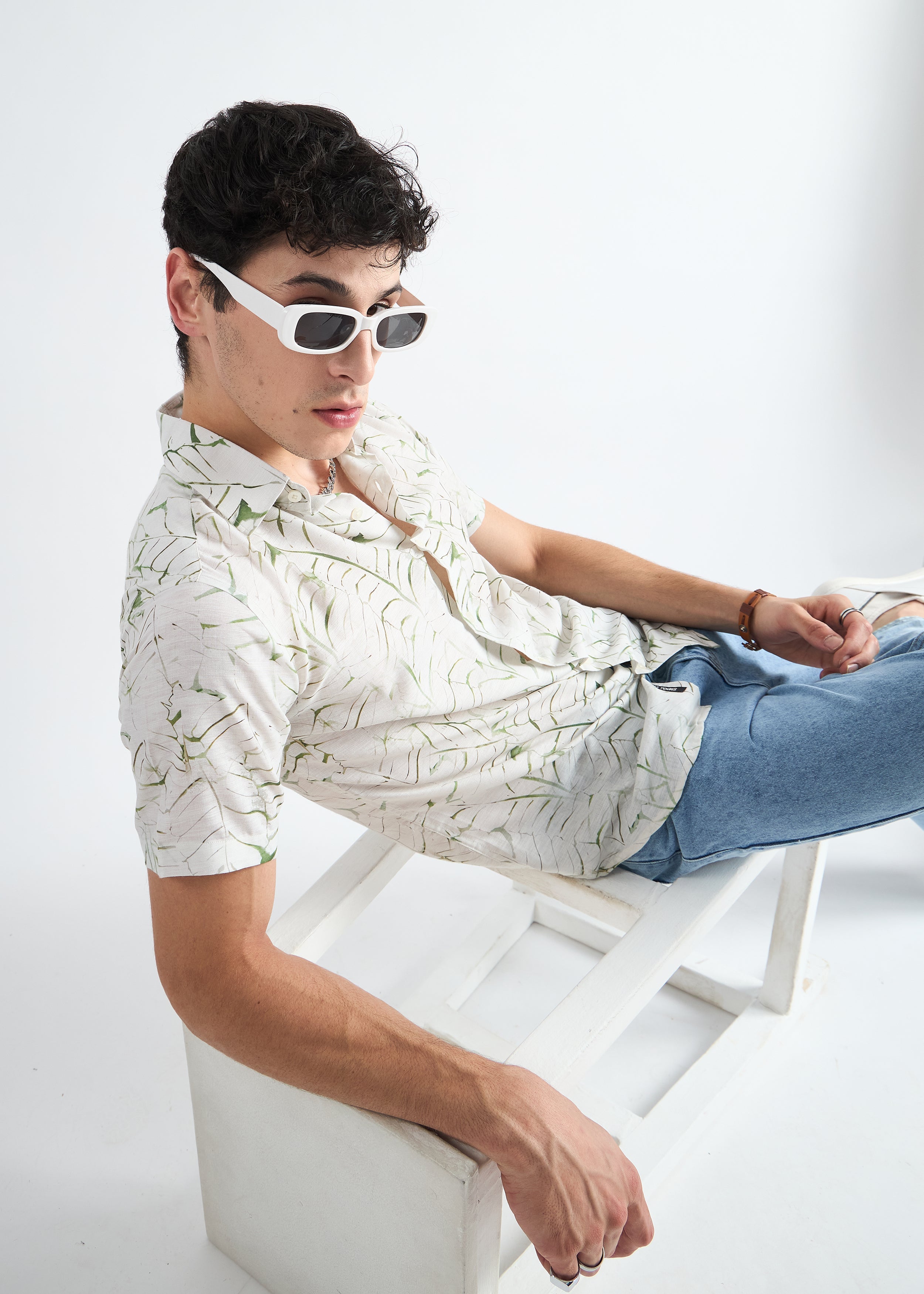 All Yours Creamy hue Printed Linen Blend Resort Shirt Sitting