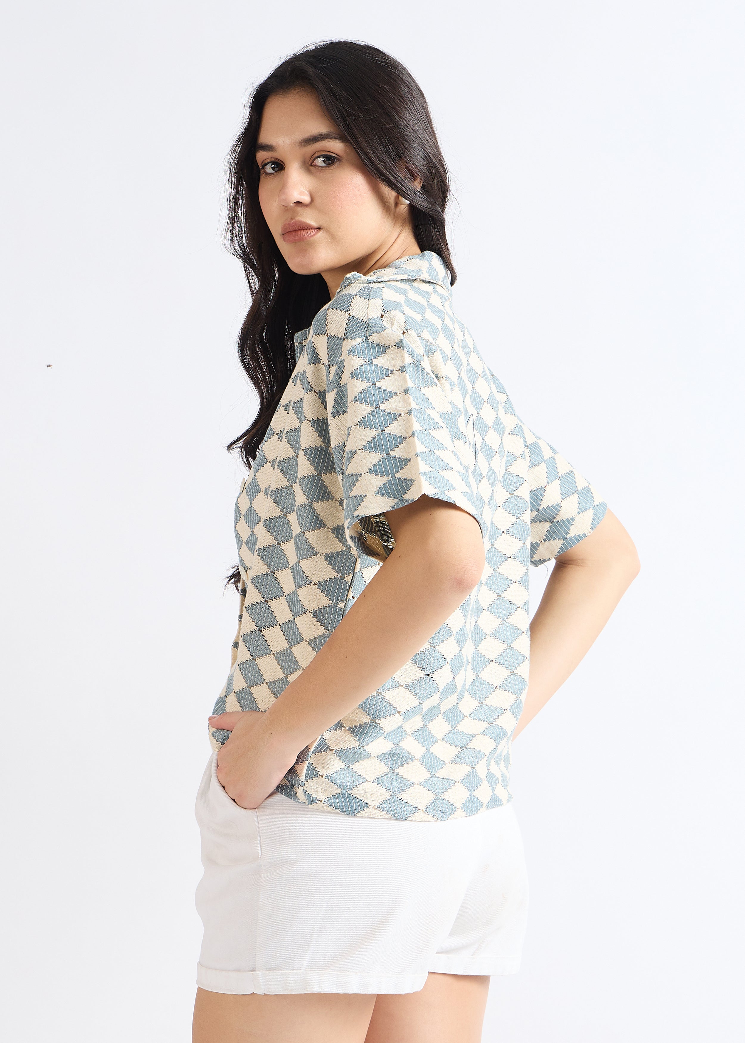 All Yours Cyan Blue Crochet Cuban Shirt Back