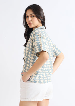 All Yours Cyan Blue Crochet Cuban Shirt Back