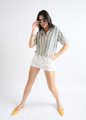 All Yours Cyan Blue Crochet Cuban Shirt Front_2